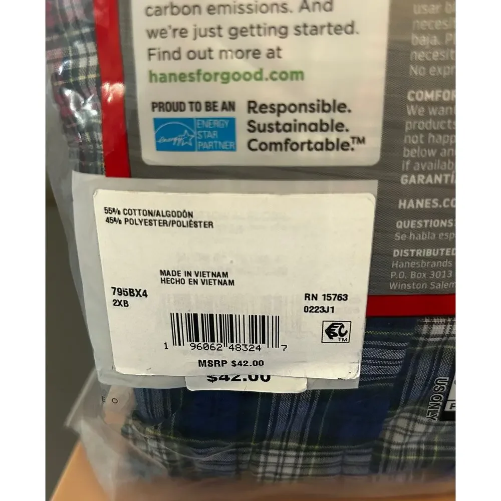 Hanes Ultimate Big Man Woven Boxers 4-Pack 2XB NIP Plaid Cotton Tagless